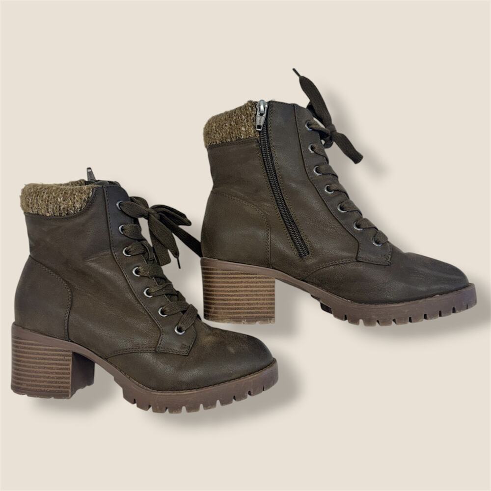 Universal Thread Lace-Up Combat Boots Olive Brown Knit Cuff Chunky Heel Size 6.5